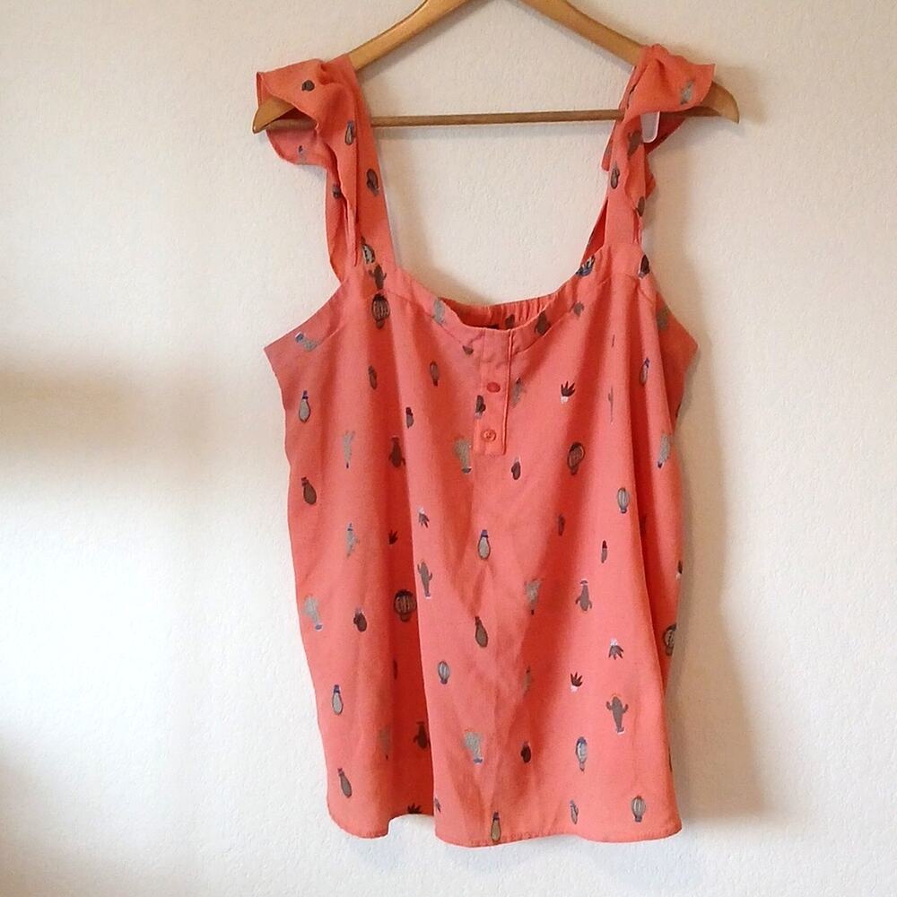 Torrid Coral Cactus Print Ruffle Crepe Tank Blouse - Picture 2 of 7